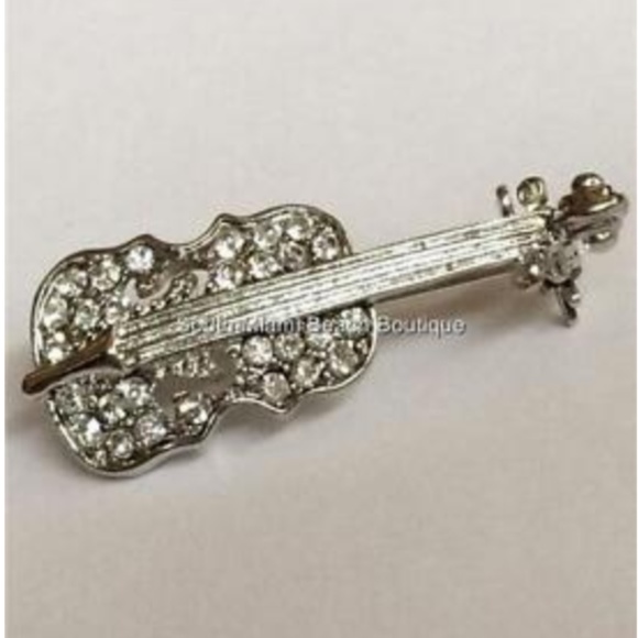 Silver Crystal Violin Pin Brooch Fiddle Music - Picture 4 of 8